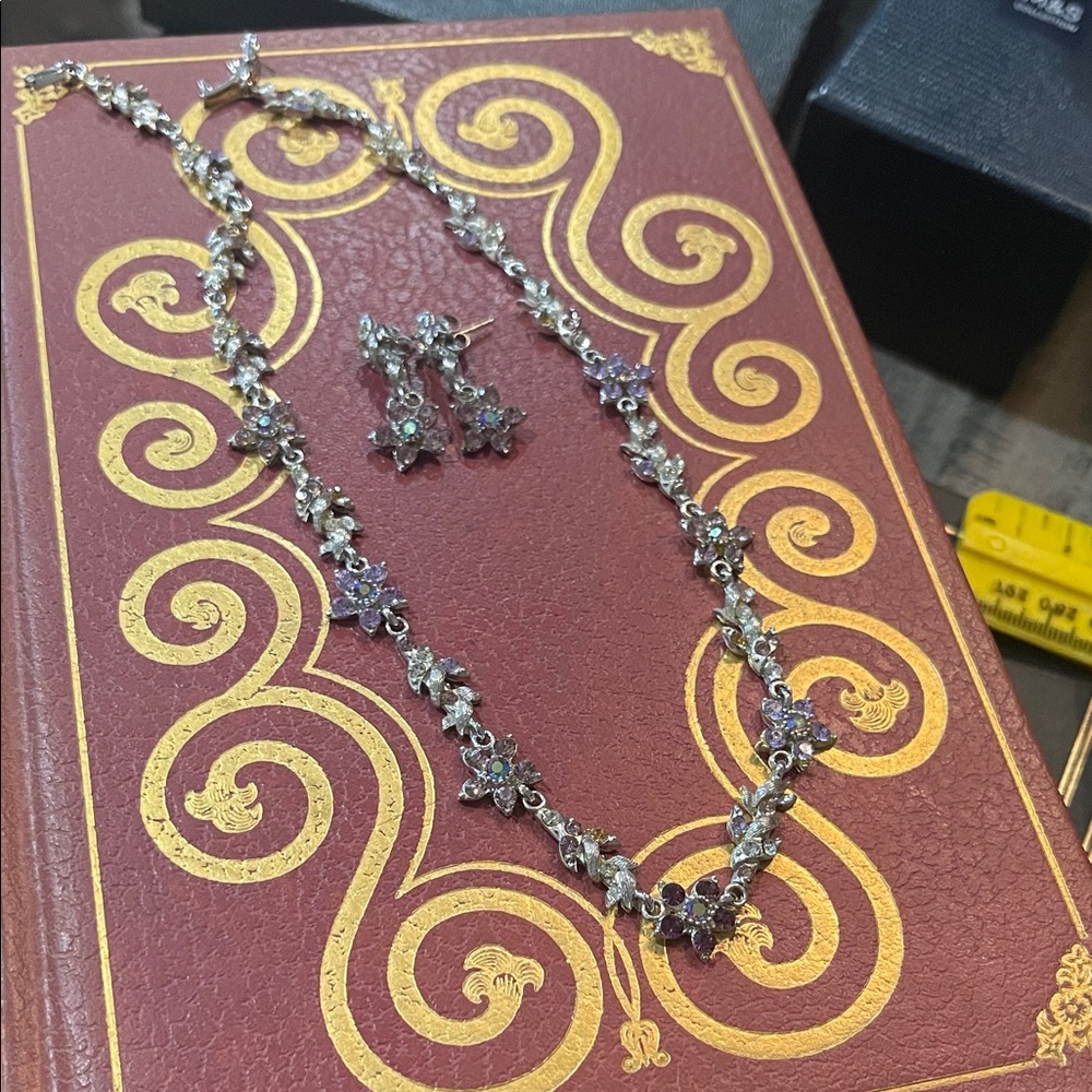 Silver Floral Crystal Necklace and Earring Set - Purple/Blue Accents